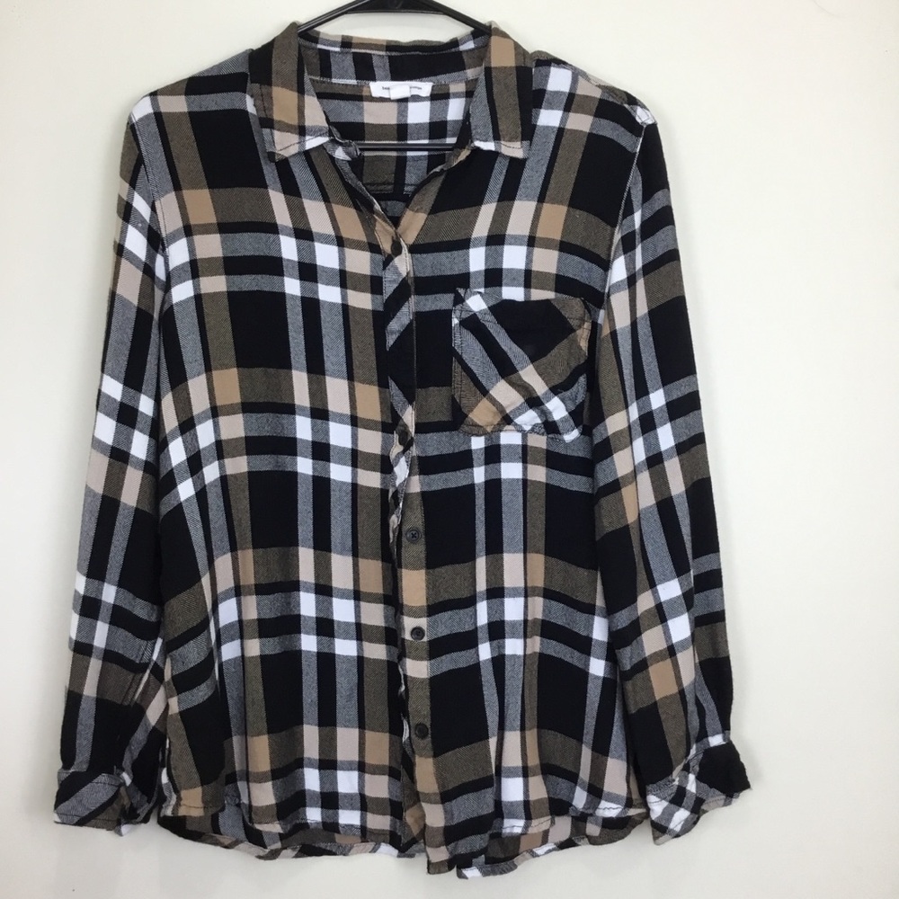 Beach Lunch Lounge Top Womens XL Plaid Flannel Button Up Long Sleeve